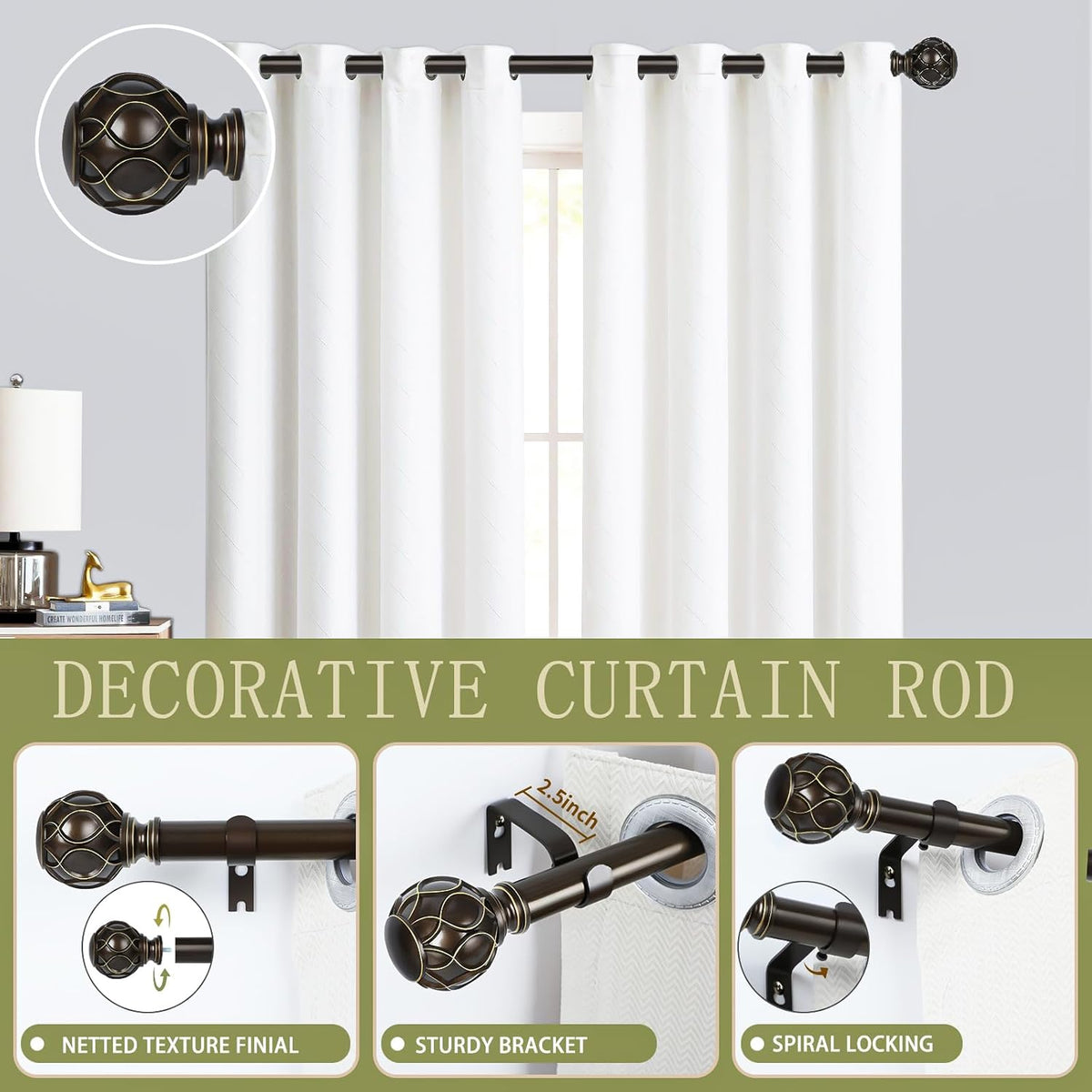 Bronze Farmhouse Curtain Rods for Windows:66-120 Inch Heavy Duty Adjustable Curtain Rod for Bedroom Living Room,Boho Decorative Rustic Drapery Rods with Vintage Coastal Finial,Antique Bronze