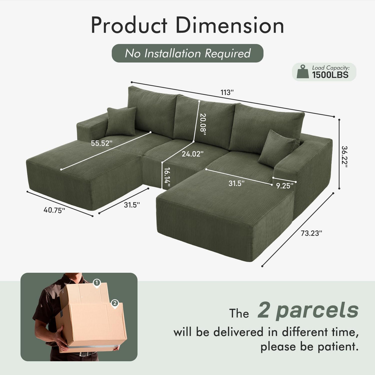 Boneless Sectional Cloud Couch Sofa for Living Room, 112" U-Shaped Modular Modern Lounge Sleeper Green Couches with Chaise, No Assemble, Cordury Compression Upholstered Sofas