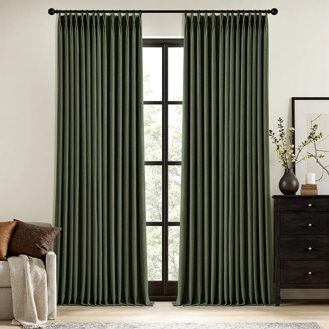 MIULEE Olive Green Pinch Pleated 100% Blackout Linen Curtains 40x90 Inches | by MIULEE