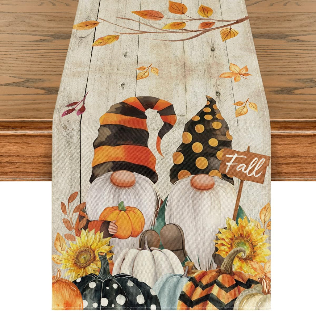 Artoid Mode Wood Gnomes Pumpkins Sunflower Maple Leaves Fall Table Runner, Kitchen Dining Table Decoration for Home Party Decor 13 x 120 Inch
