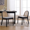 Mid Century Dining Chairs Set of 2, Accent Rattan Side Chairs Linen Fabric Kitchen Chair with Solid Wooden Legs for Living Room Dining Room, Grey