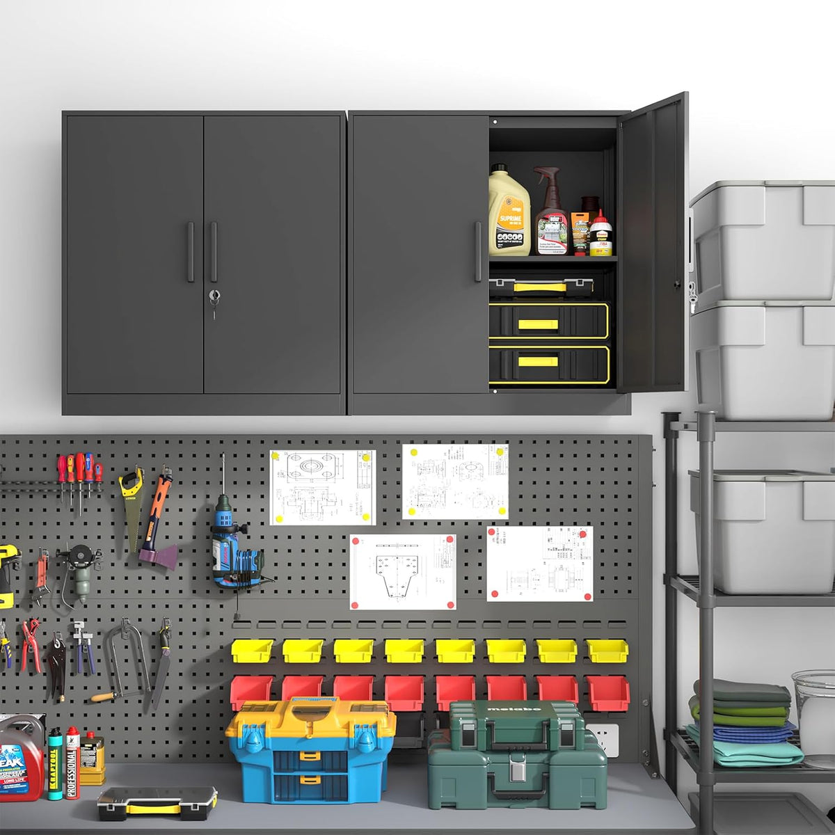 Metal Wall Cabinet,Garage Wall Cabinetwith Handle,Lockable Storage Cabinets Wall Mounted with 2 Doors,Locking Cabinet with Shelves for Basement,Living Home,Black