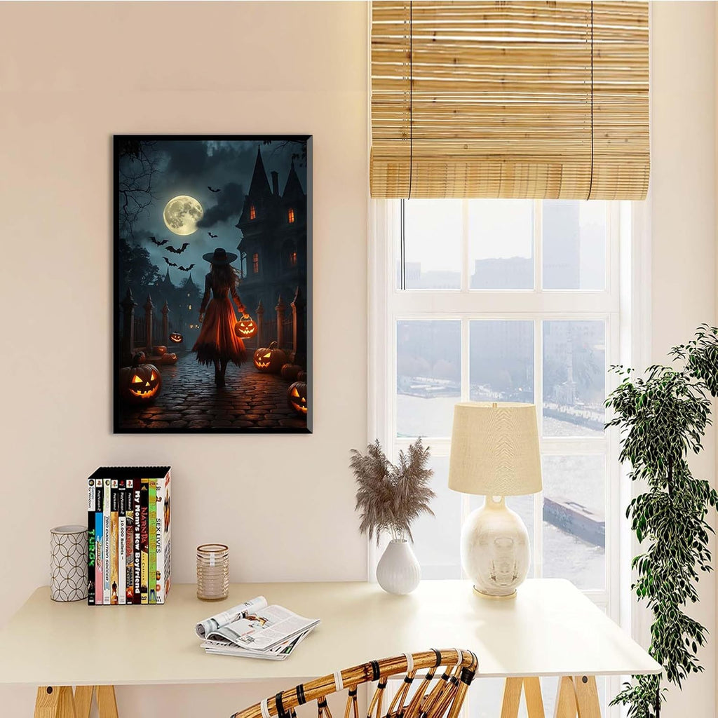 JFHCQJPK Halloween theme poster moonlit autumn night witch vintage poster art print dark college style gothic painting canvas wall decoration bedroom living room ideal gift12x16in Metal blackFramed