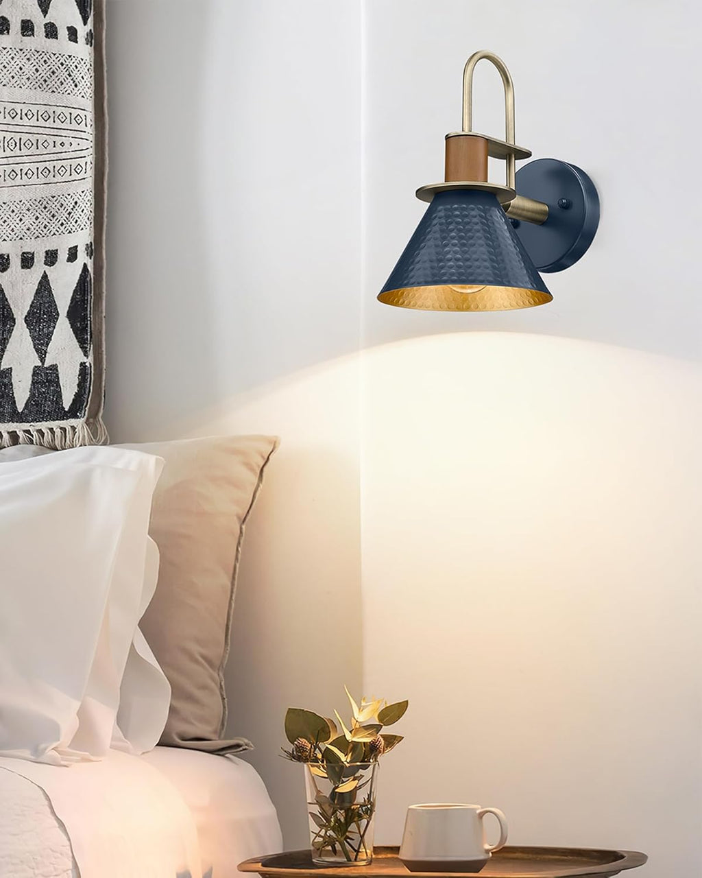 Modern Wall Sconces, HWH Industrial Sconce Wall Lighting Indoor Wall Lamp, Gooseneck 1-Light Barn Vanity Light for Kitchen Bedroom, Hammered Metal Shade, Navy Blue Finish, 5HZG74B-L BL+BG