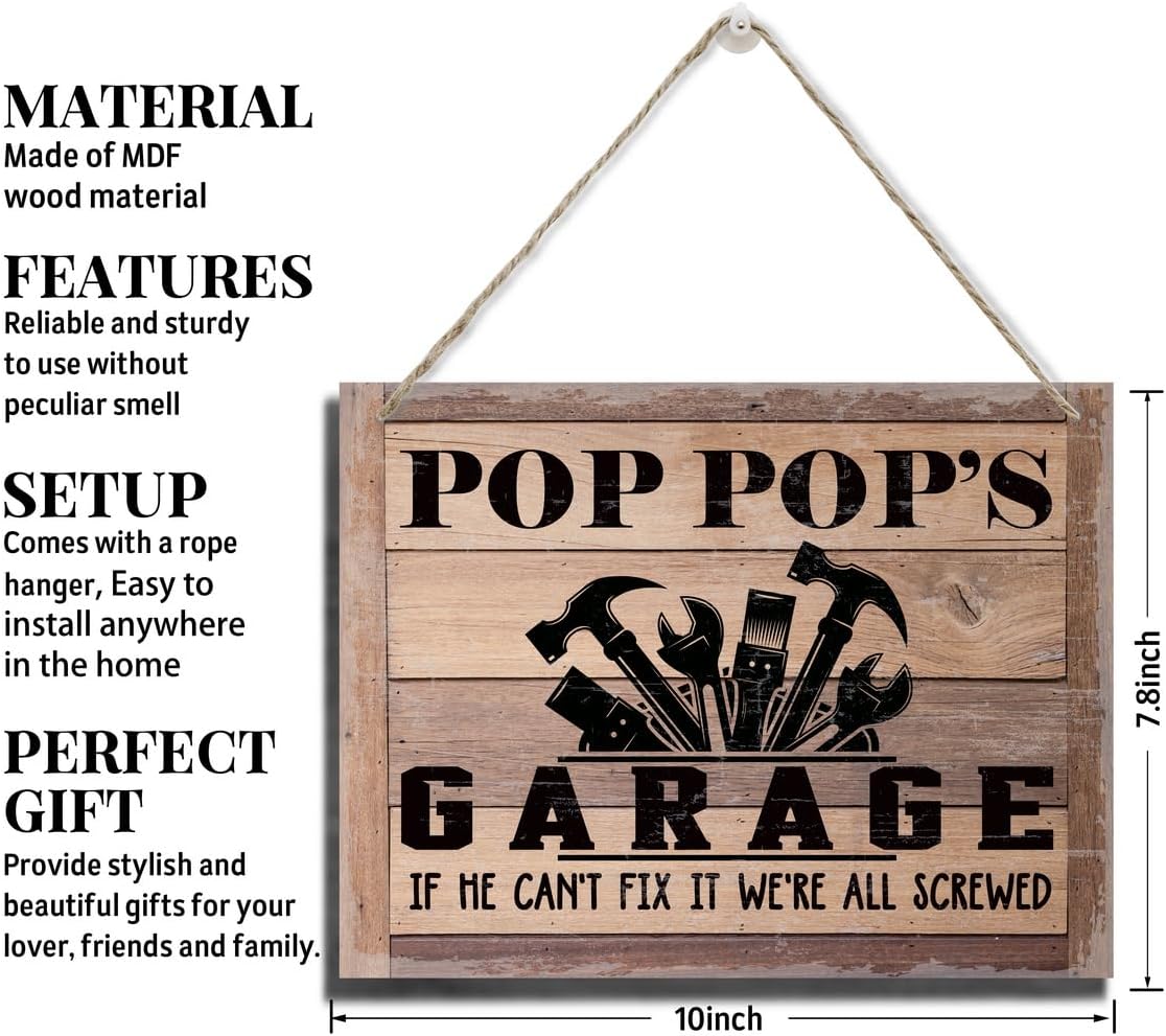 Rustic Sign, Father's Day Gift, Dad's Gift, Grandpa's Gift, Decor Hanging Wood Signs, Printed Wood Wall Art Sign, Pop Pop's Garage, If He Can't Fix It We're All Screwed, Vintage Sign Gift for Grandpa