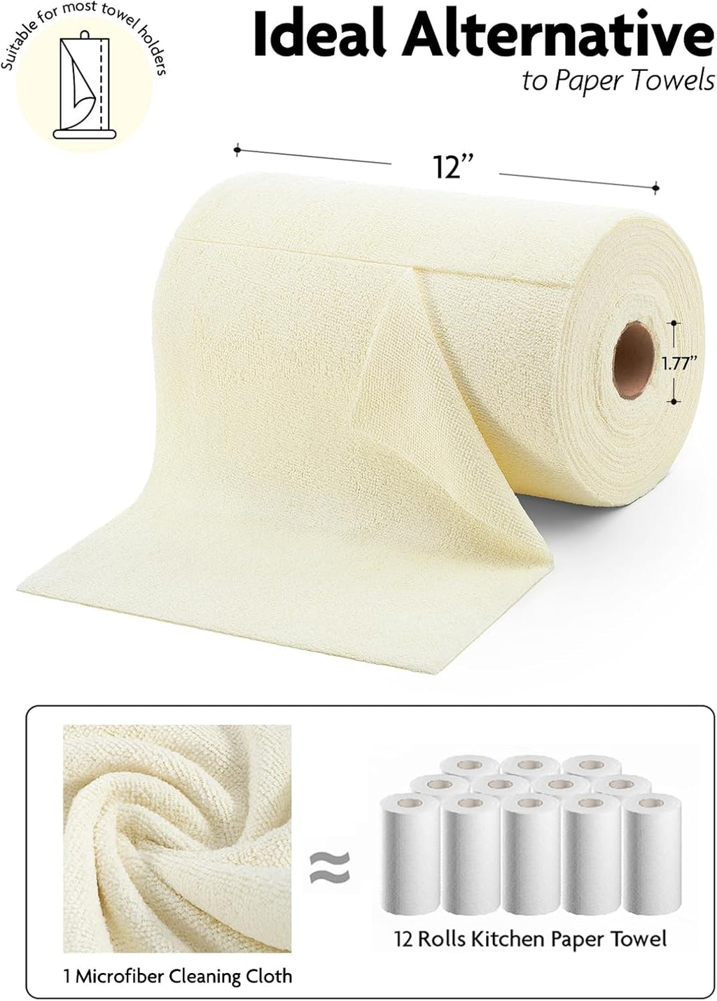 Fantasticlean Microfiber Cleaning Cloth Roll -75 Pack, Tear Away Microfiber Towels, 12" x 12", Reusable, Washable, Scratch Free, Ultra Absorbent Dish Rags for Car, Home, Garage or Shop (Beige)