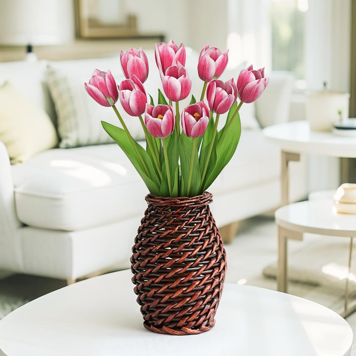 Artificial Tulips Flowers – 20" Long Stem Faux Tulips, 10PCS Real Touch Fake Red Tulip for Vase, Farmhouse, Kitchen, Spring & Wedding Home Decor