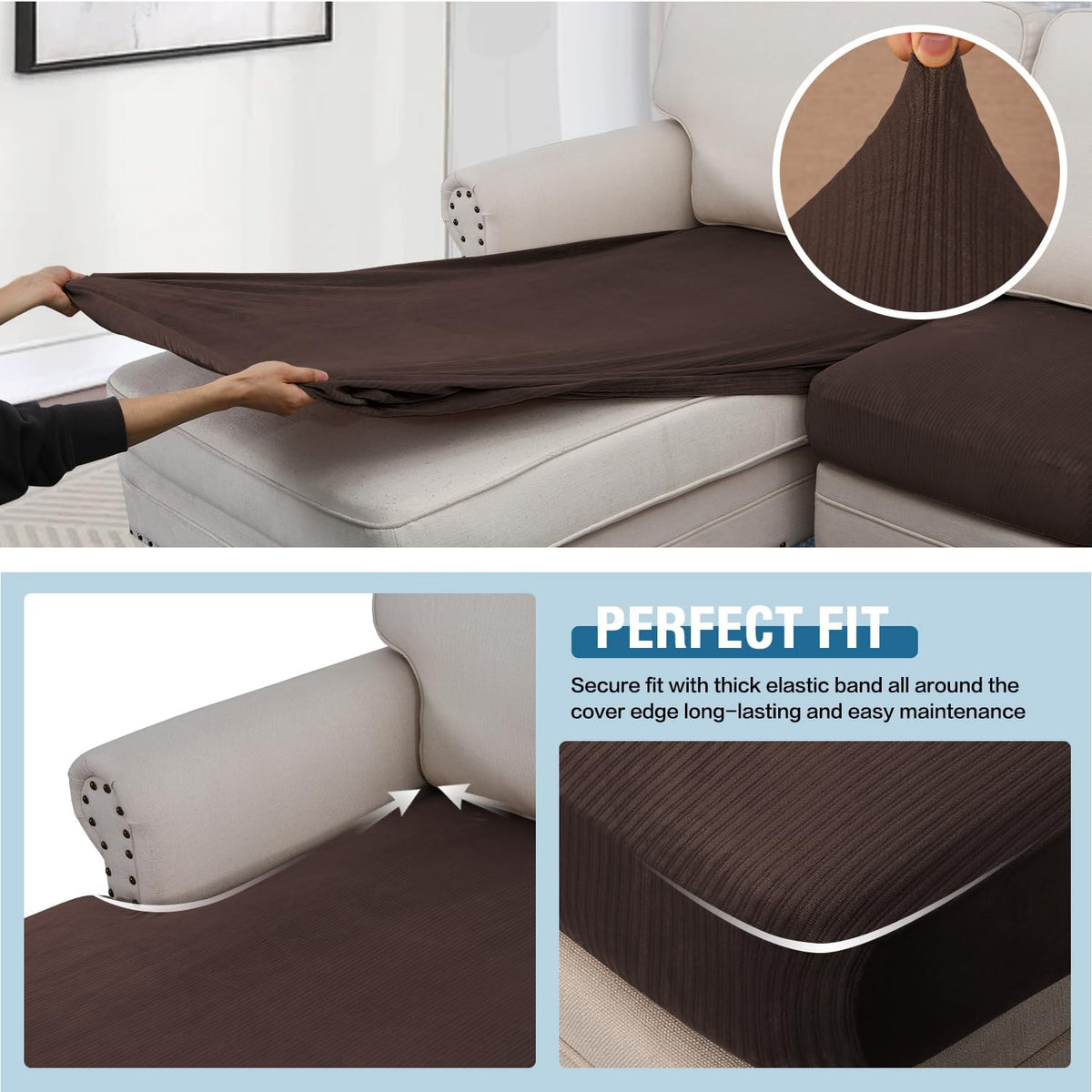 H.VERSAILTEX Velvet Stretch Sectional Couch Covers - 3 Piece L Shape Separate Cushion Set for Large 2 Seater + 1 Chaise, Brown Striped