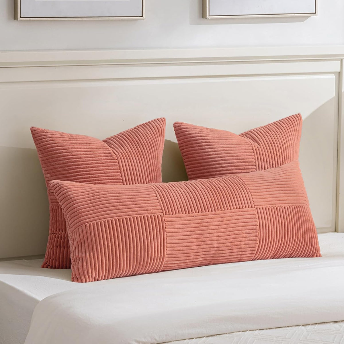 Fancy Homi 2 Packs Coral Decorative Throw Pillow Covers 20x20 Inch for Living Room Couch Bed Sofa, Rustic Farmhouse Boho Home Decor, Soft Corss Corduroy Patchwork Accent Peach Cushion Case 50x50 cm
