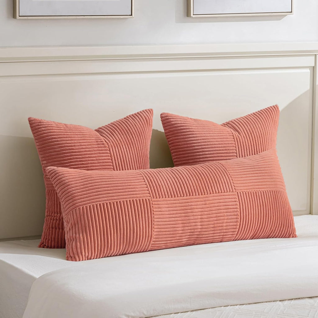 Fancy Homi Set of 2 Coral Boho Long Lumbar Body Decorative Throw Pillow Cover 14x36 Inch for Bed Couch Bedroom Bench, Soft Patchwork Corduroy Textured Pillow Case, Rustic Farmhouse Room Décor