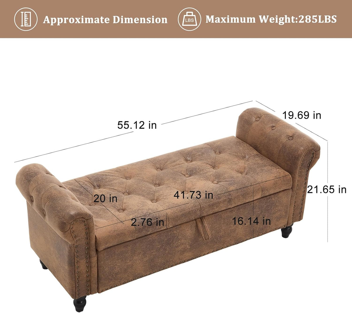 Furniliving 55” End of Bed Bench, Bedroom Bench with Button-Tufted, Large Upholstered Storage Ottoman Entryway Bench with Storage Shoe Cabinet Bench, for Bedroom, PU, Coffee