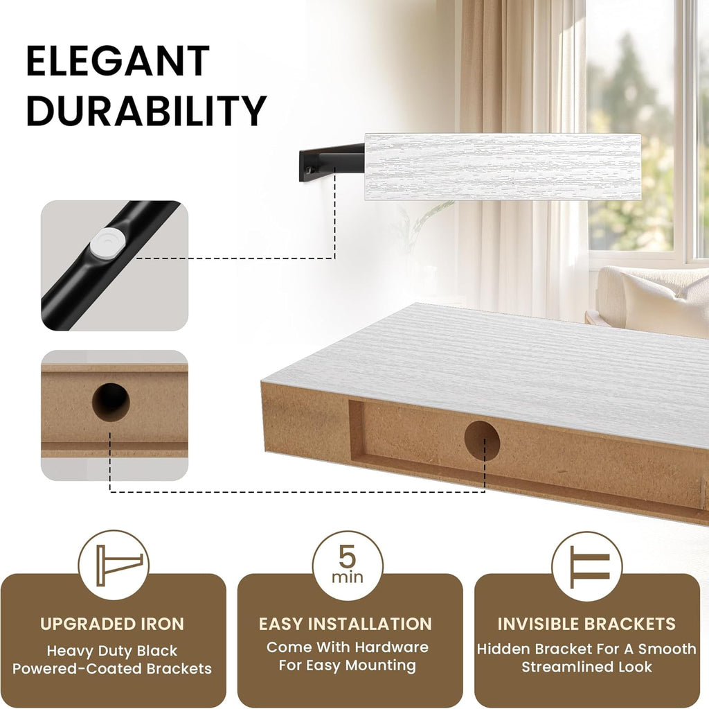 Square Floating Shelves for Wall, 8" W x 8" D x 1.2" H, Small Wooden Wall Mounted Display Shelves with Invisible Brackets for Living Room, Bedroom, Bathroom, Kitchen Decor, Set of 4, White