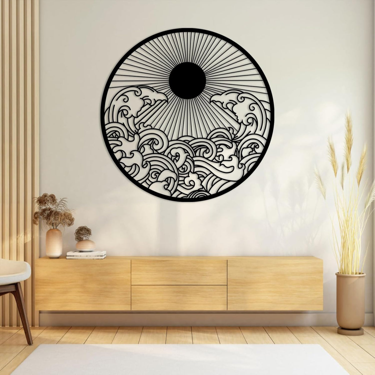 flyoak Metal Sun Wall Decor Outdoor, Sunrise Metal Wall Art, Metal Wave Wall Art, Sunrise and Wave Wall Decor, Sunburst Wall Art, Sunset Wall Art, Wall Hangings for Bedroom (White, 24x24in|60x60cm)