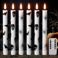 GenSwin Flameless Taper Candles with Remote Timer, 6Pcs LED Flickering Taper Candles Battery Operated Real Wax with Spider Webs/Skull/Bats Decals for Halloween Spooky Decoration (White, 0.78”x9.65”)