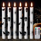 GenSwin Flameless Taper Candles with Remote Timer, 6Pcs LED Flickering Taper Candles Battery Operated Real Wax with Spider Webs/Skull/Bats Decals for Halloween Spooky Decoration (White, 0.78”x9.65”)