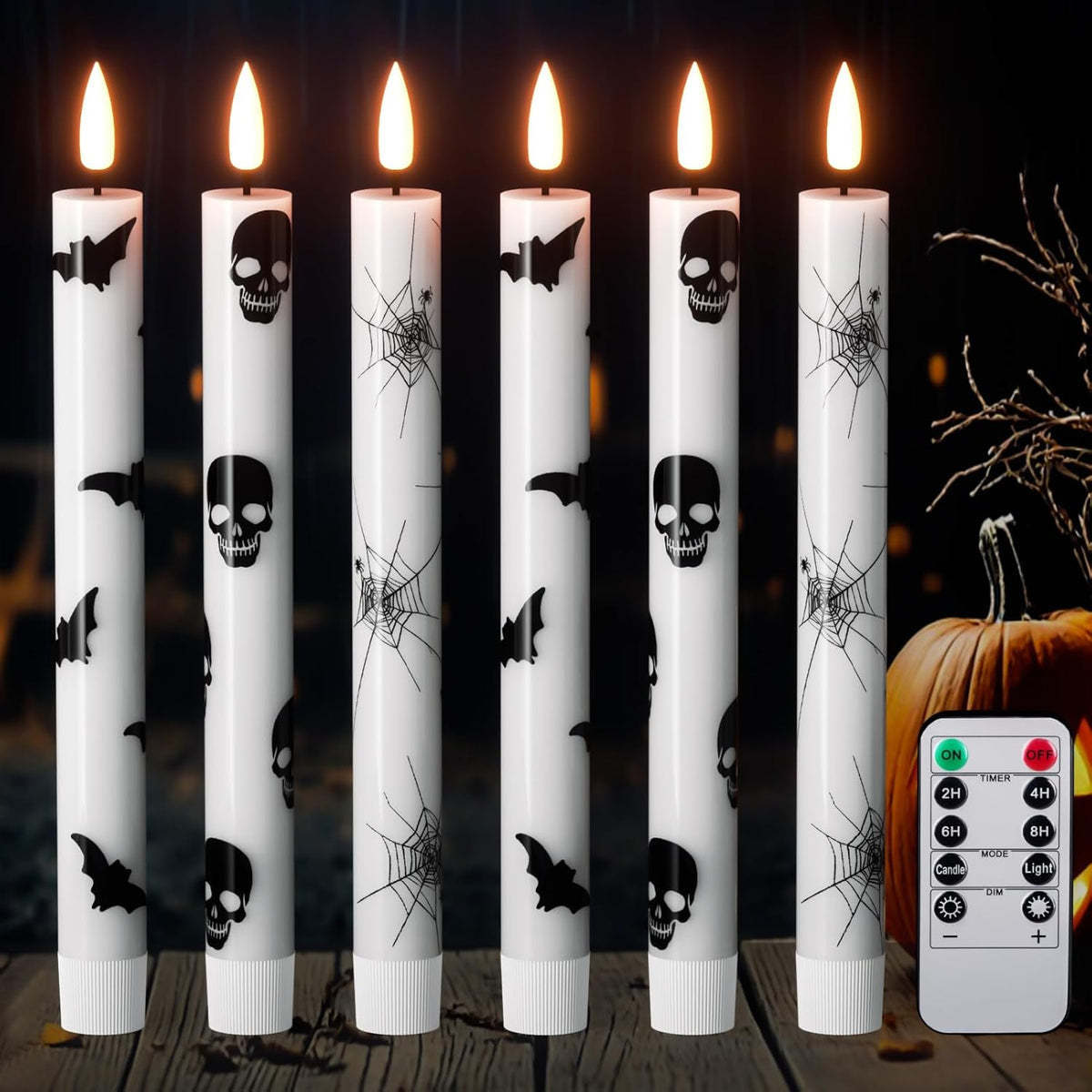 GenSwin Flameless Taper Candles with Remote Timer, 6Pcs LED Flickering Taper Candles Battery Operated Real Wax with Spider Webs/Skull/Bats Decals for Halloween Spooky Decoration (White, 0.78”x9.65”)