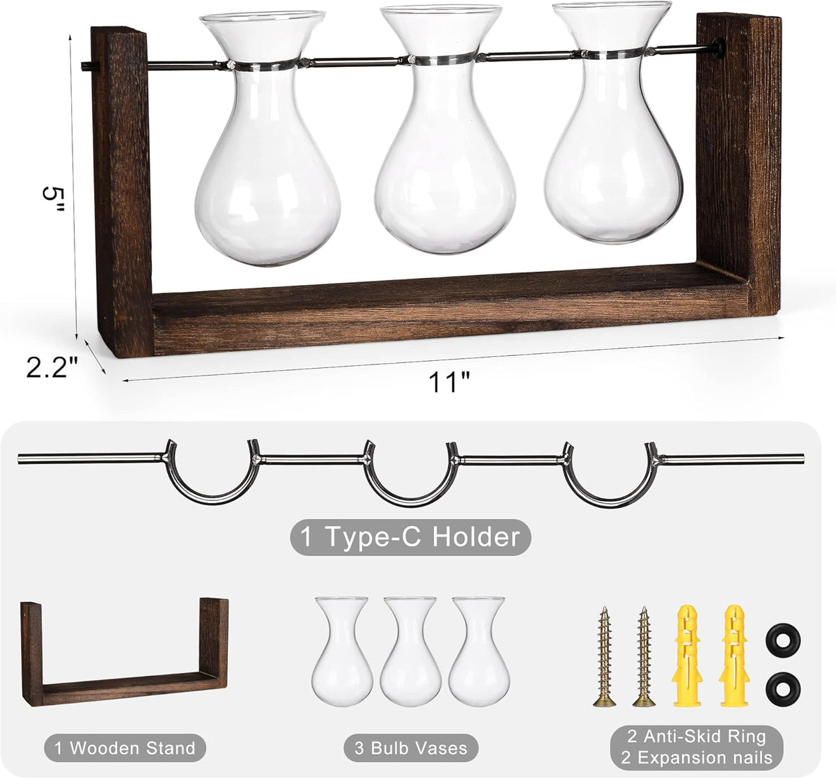 YIBOT Wall Hanging Planter Propagation Station, Plant Terrarium with Wooden Stand, Hydroponics Plants Home Office Living Room Decor Gift-3 Bulb Glass Vases