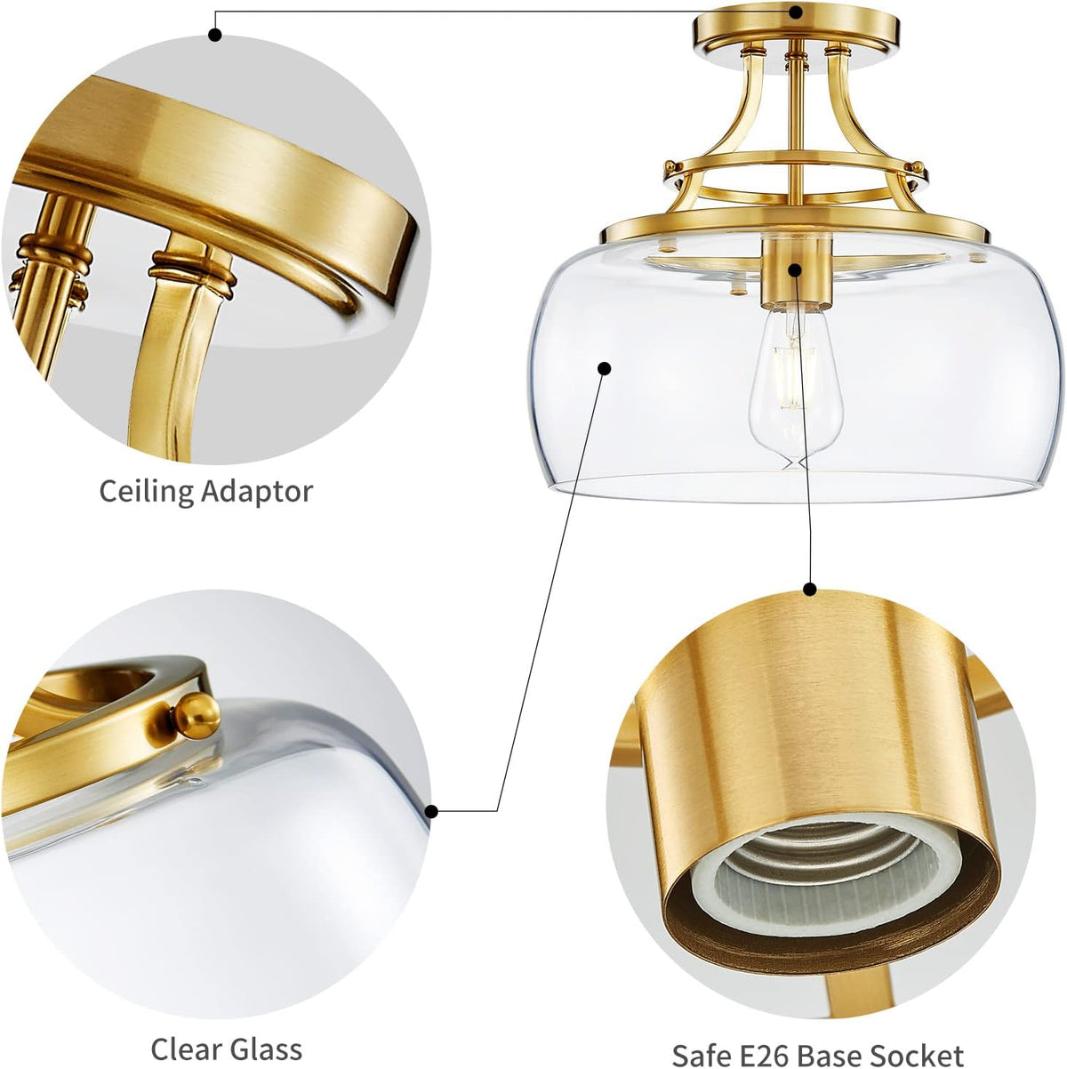 WUZUPS Chandelier Rustic Farmhouse Industrial Round Semi-flushmount Ceiling LED Light Fixture with Clear Glass Shades for Bathroom Kitchen Foyer Entryway, H 11.8" x W 13.4", E26 Base, Brushed Gold