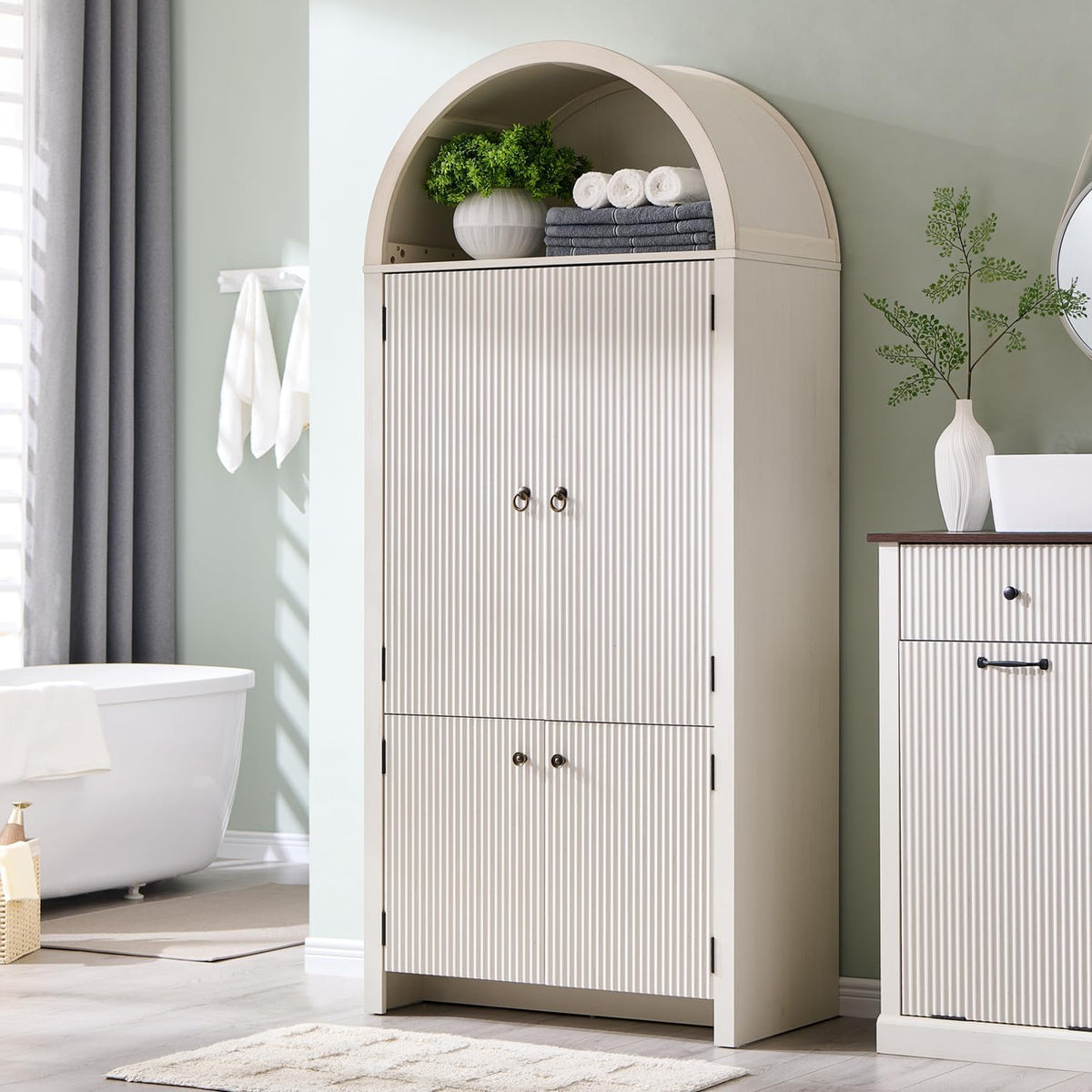 71" Tall Arched Bathroom Storage Cabinet, Modern Fluted Storage Cabinet w/Doors, 3 Adjustable Shelves, 6 Door Shelves, Wood Freestanding Cabinet for Bathroom, Entryway, Hallway, Antique White