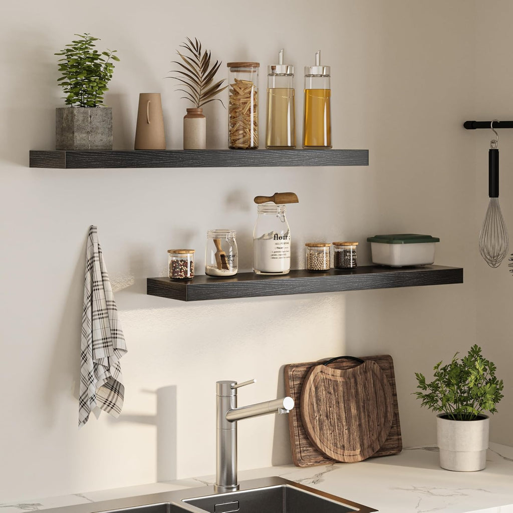 Floating Shelves for Wall, 40" W x 8" D x 1.5" H, Wooden Wall Mounted Display Shelves with Invisible Brackets for Living Room, Bedroom, Bathroom, Kitchen Decor and Storage, Set of 2, Black