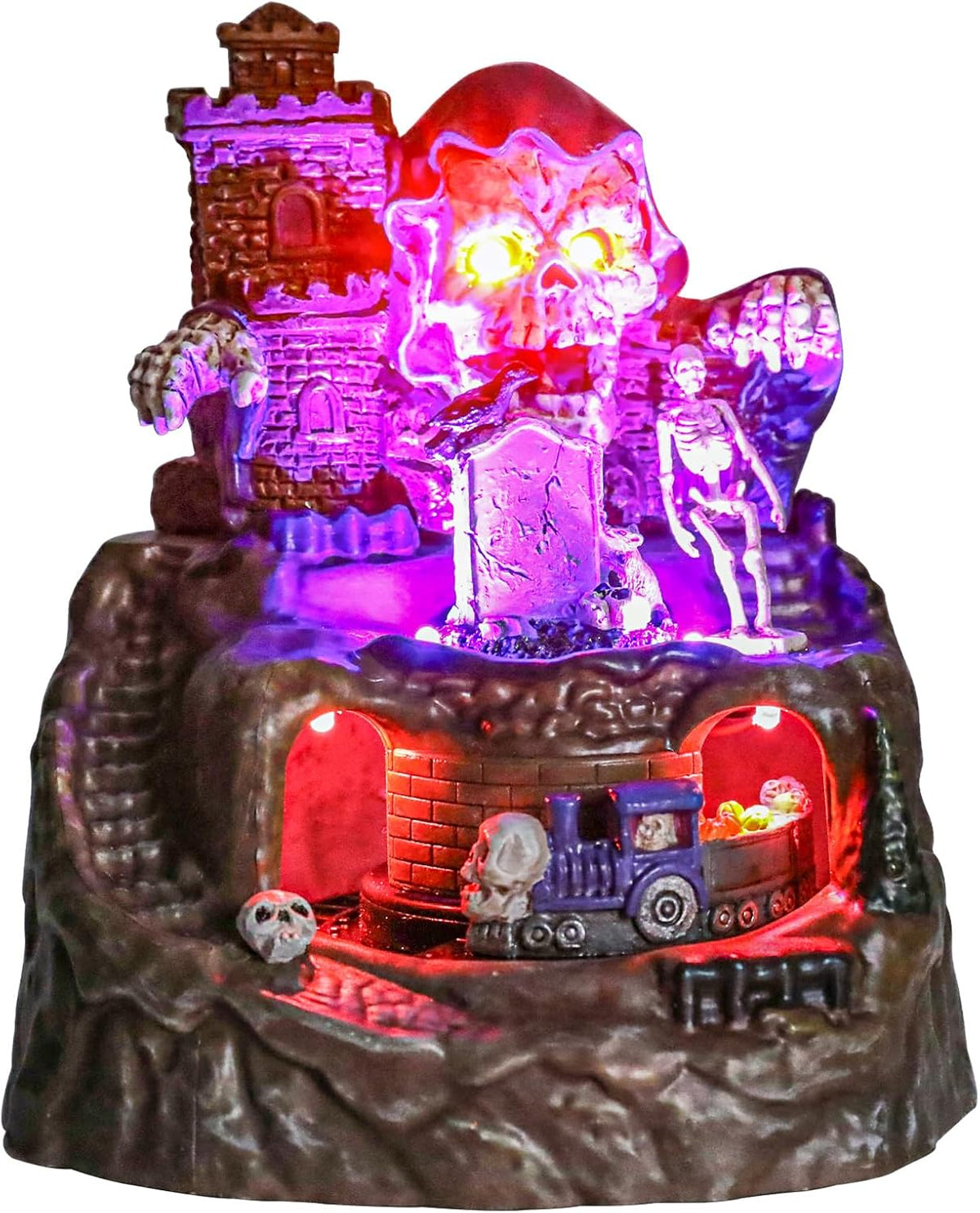 Bdor Halloween Tabletop Decoration with LED Lights and Moving Train – Spooky Skeleton Castle Animated Halloween Ornament, Skull Graveyard Scene, Light Up Haunted House Decor for Indoor Party Display