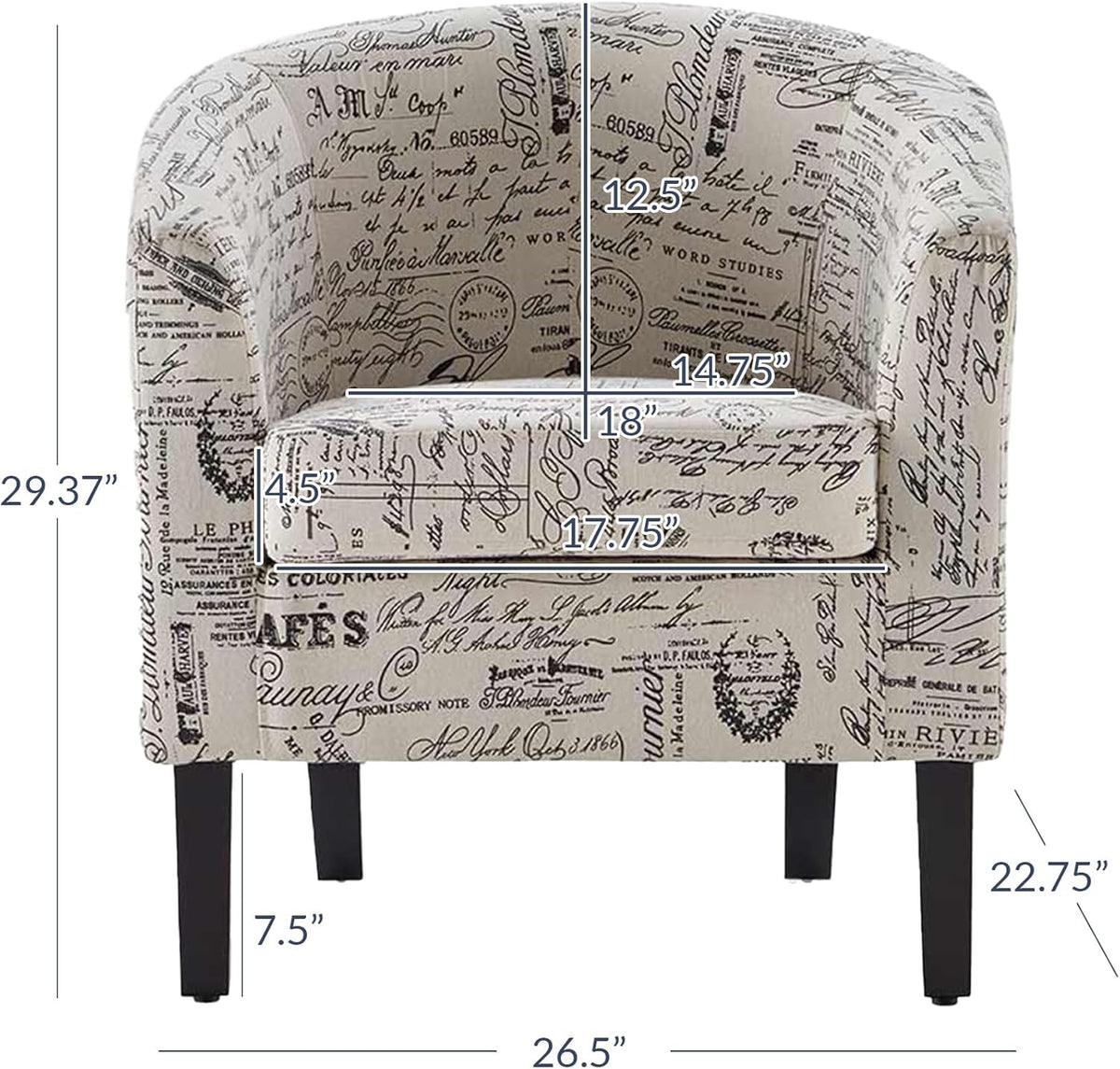 BELLEZE Accent Barrel Chair Set of 2, Linen Round Chair Club Tub Sofa Corner Chair with Flared Legs and Cozy Soft Padding for Living Room Bedroom Waiting Room - Black & Beige