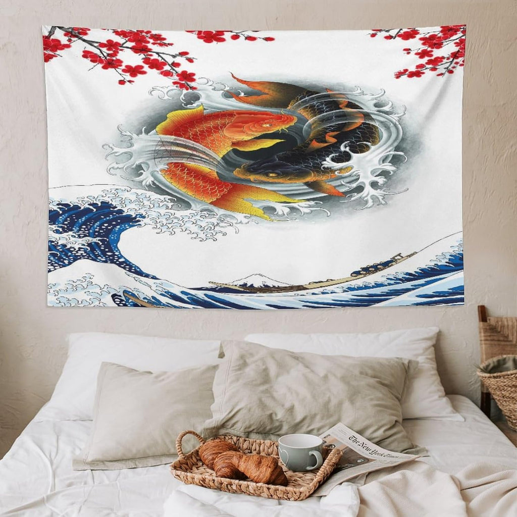 Houselerax Koi Fish Tapestry, Japanese Style Yin Yang Big Wave Cherry Blossoms Tapestries Wall Hanging for Bedroom Living Room Office Decor 90"x60"