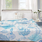 Blue Ocean Beach Throw Blanket Nautical Coastal Bed Blanket Starfish Seashell Coral Blankets Super Soft Flannel Fleece Throw Blanket for Couch Bed Decor “60 x80”