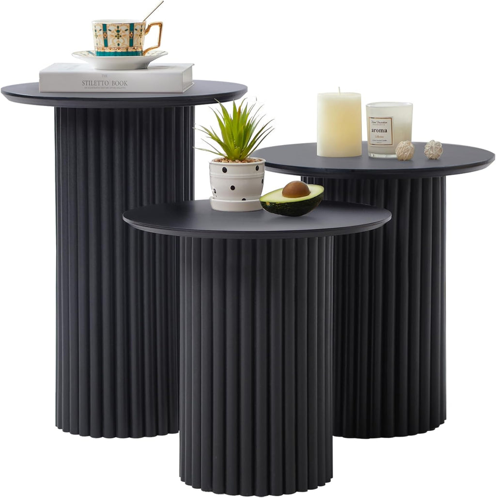 Round Nesting Coffee Table Set of 3,Mid Century Modern Fluted Coffee and End Table Set,Small Circle Wooden Side Table Drink Table for Living Room (Black)