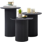Round Nesting Coffee Table Set of 3,Mid Century Modern Fluted Coffee and End Table Set,Small Circle Wooden Side Table Drink Table for Living Room (Black)
