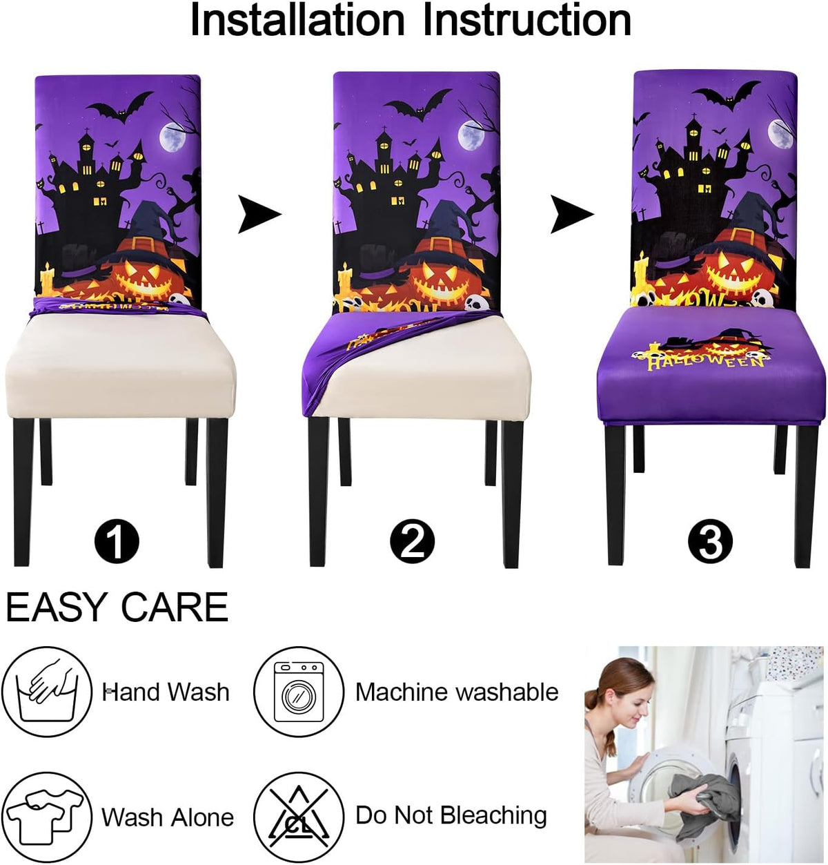 JQinHome Purple Halloween Chair Slipcover, Castle Chair Covers Set of 4, High Stretch Washable Chair Protector Cover for Dining Room, Kitchen,Home Party,Wedding Ceremony(Purple,4PC)