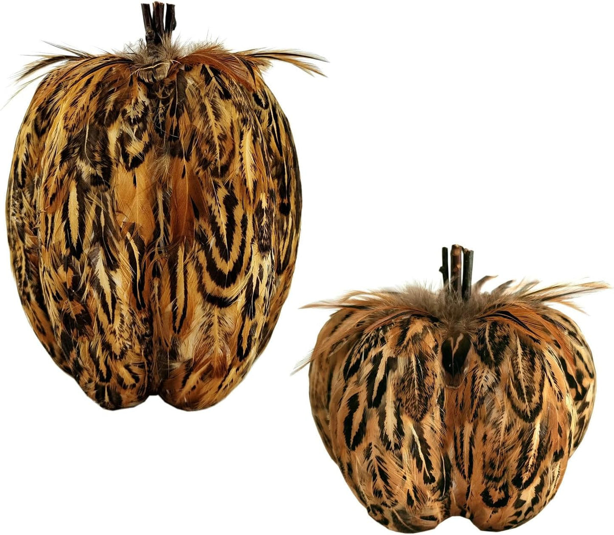 naturevibe 7.5/5.5 Inches Elegant Feathered Pumpkin Decor,Set of 2 Thanksgiving Decorations Natural Feather Pumpkins as Fall Home Decor,Centerpieces for Tables or Autumn Harvest Gifts
