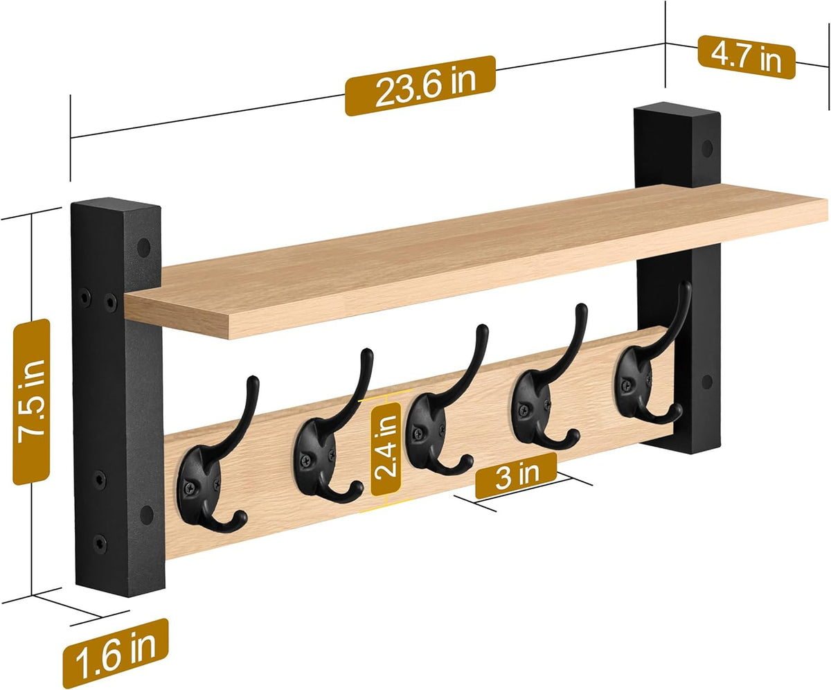 Sorbus Coat Hooks Wall Mount with Shelf – 24 Inch Coat Rack Wall Mount with 5 Heavy Duty Hooks – Floating Wall Shelf with Hooks for Entryway, Bathroom, Bedroom, Kitchen, or Mudroom (Maple Wood)