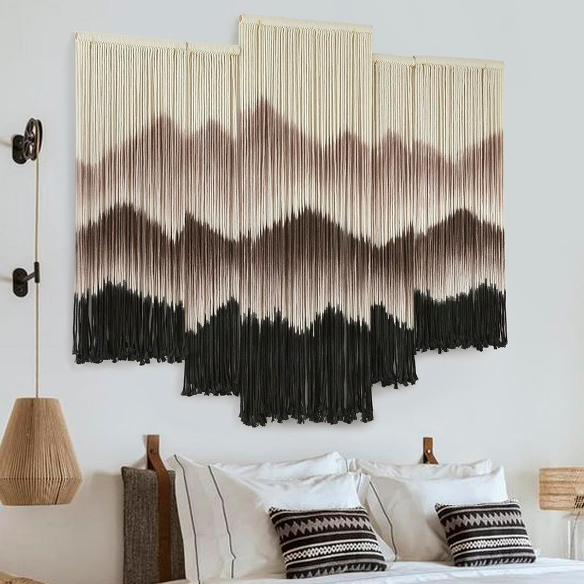 IOWER Large Macrame Wall Hanging Mountain Handmade Brown Dip-Dyed Boho Wall Decor 5Pcs Art Wall Decor for Bedroom Living Room Fiber Art Tapestry