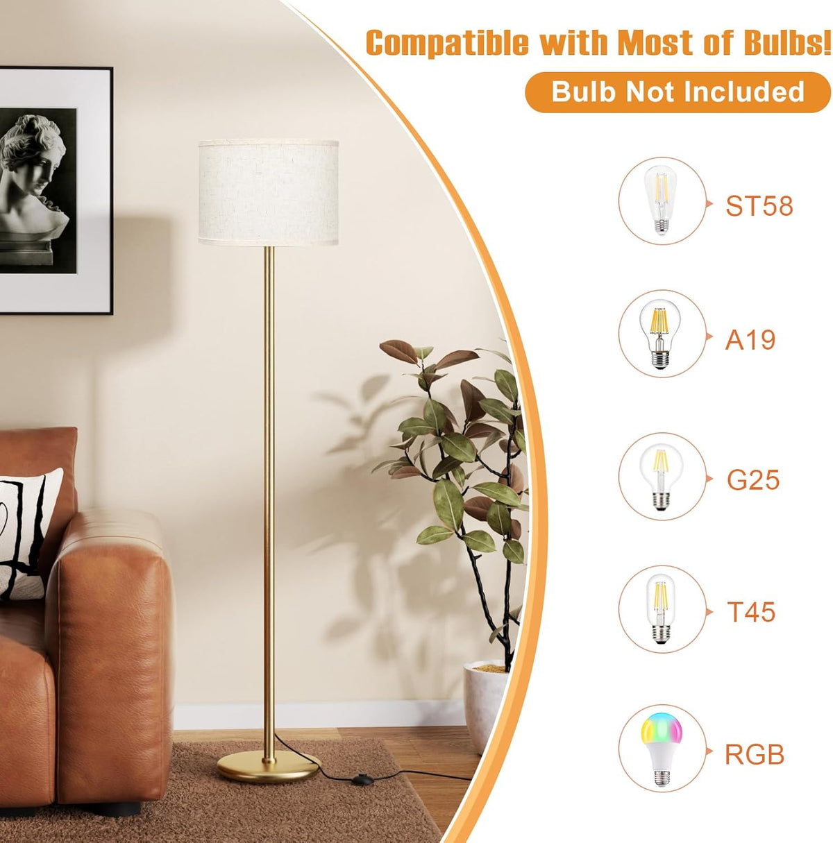 Ambimall 60'' Modern Floor Lamp with Shade, Tall Lamps for Living Room, Bedroom, Office, Dining Room, Beige Shade with Gold Pole(Without Bulb)