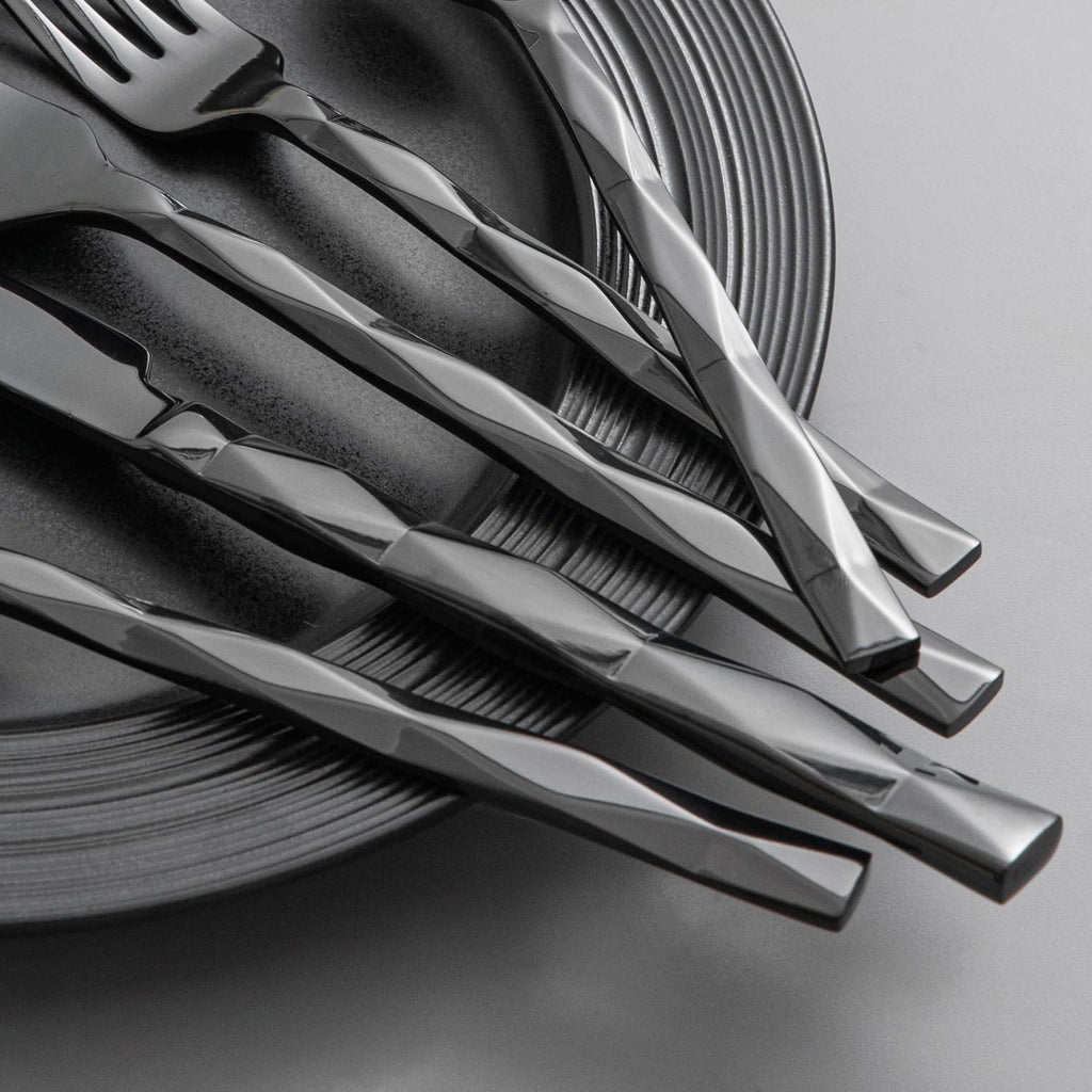 KINGSTONE Black Silverware Set, Luxury 60 Piece Flatware Set for, 18/10 Stainless Steel Cutlery Set with Diamond Cut Pattern for Kitchen, Home, Wedding, Party, Mirror Polished and Dishwasher Safe
