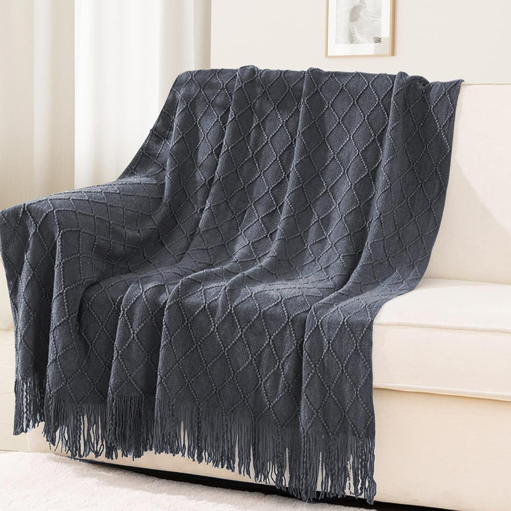 inhand Knit Graphite Grey Throw Blanket for Couch, Soft Living Room Home Decor Knitted Twin Size Blanket, Outdoor Lightweight Breathable Summer Blanket, Farmhouse Warm Woven Decorative, 60"x80"
