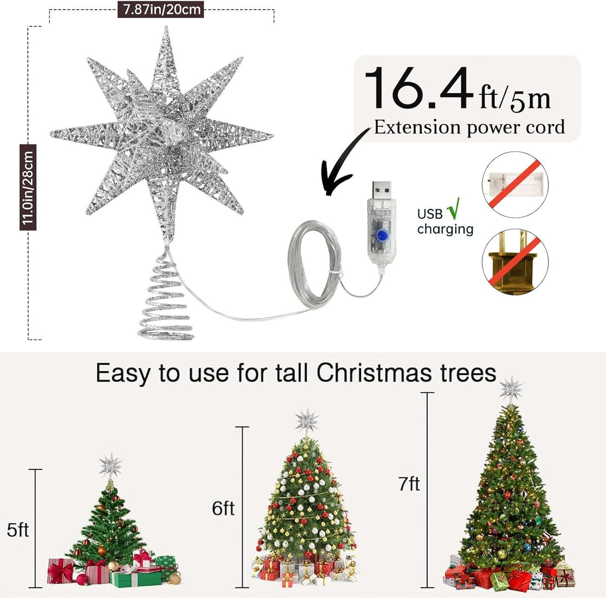 Christmas Star Tree Topper Silver, 3D Geometric Star Decorative Tree Topper with Warm White 50 LED Light Beads for Home Holiday Xmas Tradition Moravian Decor, Timer Function 5m Cable