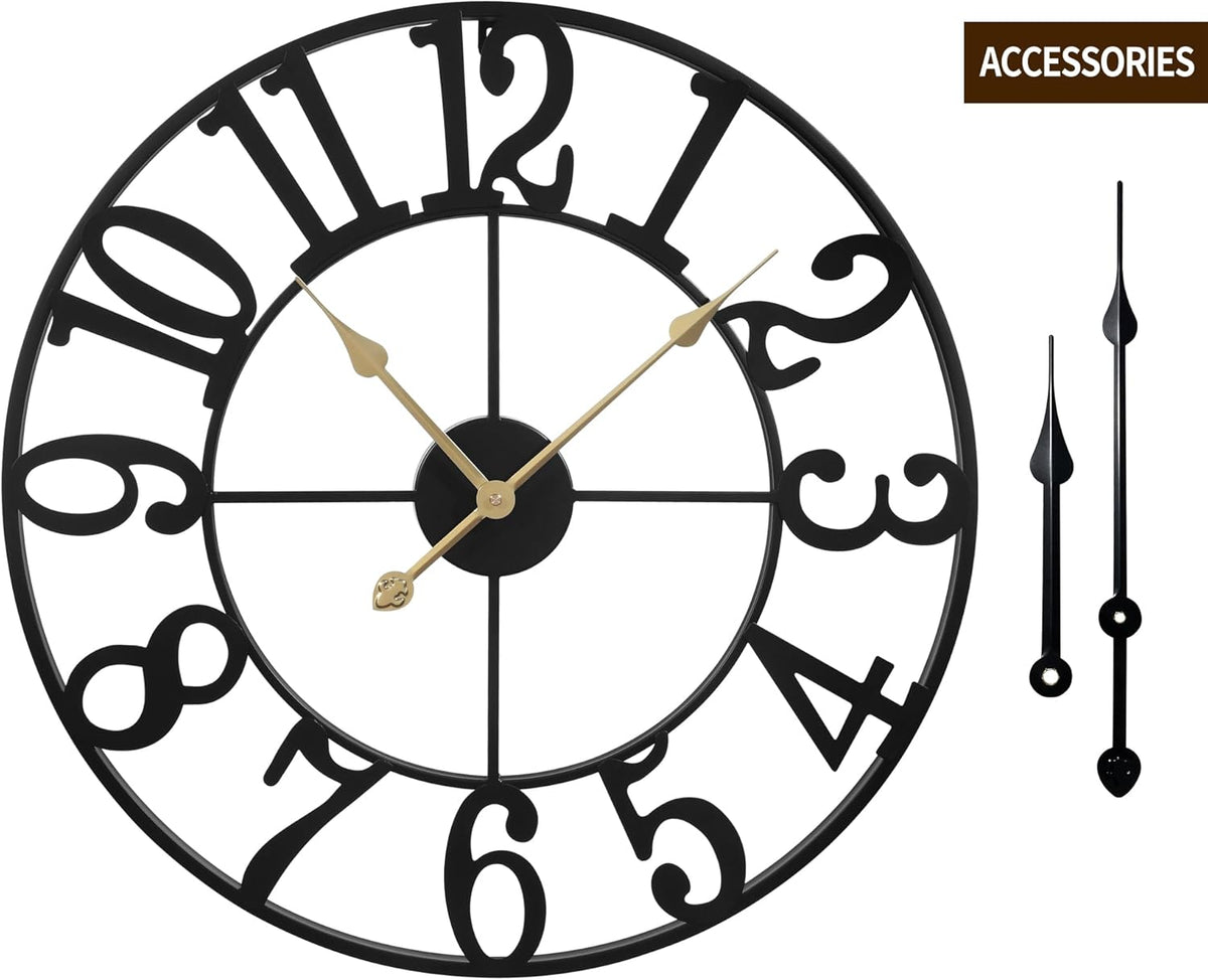 LEIKE Large Wall Clock, 24" Silent Non-Ticking, Battery Operated, Oversized, Decorative Retro Black Metal Clock for Living Room,Farmhouse, Dinner Room,Indoor, Outdoor Decor(60cm, Black Arabic Number)