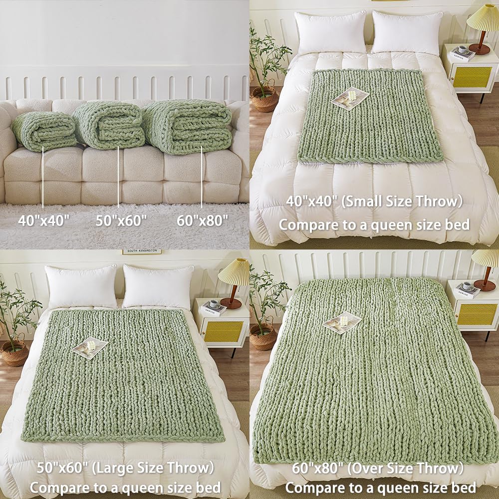 WESHIONGOO Chunky Knit Blanket Throw 40"×40" Knit Throw Blanket for Couch Bed Throw Blanket with Jumbo Chenille Yarn Thick 100% Handmade (Sage Green)