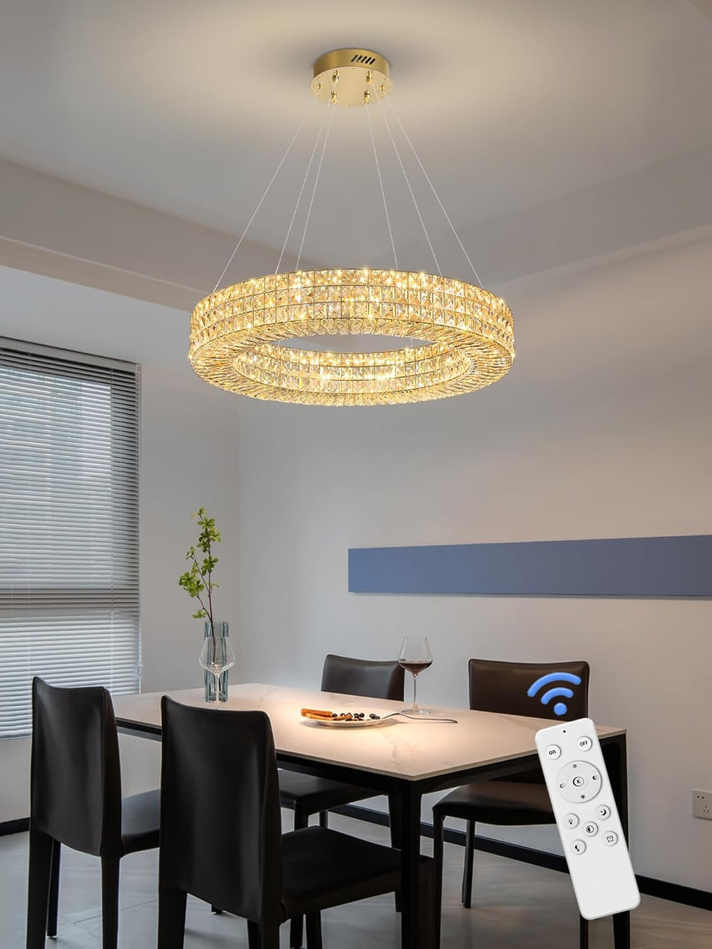 Dia 24" Modern Crystal Chandelier Gold Ring Chandelier Adjustable Height Luxury Crystal Pendant Ceiling Light Fixture for Dining Living Room Bedroom