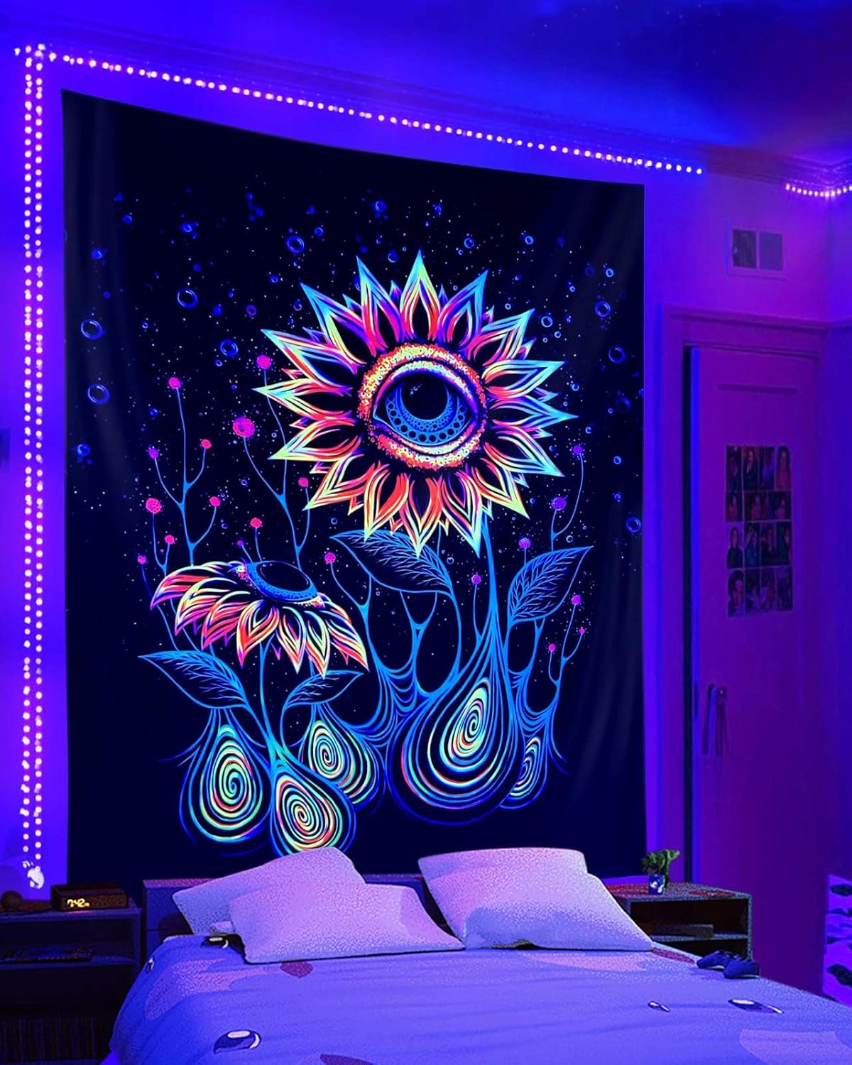 ADDWel Blacklight Sunflower Tapestry, Hippie Eye Tapestry Glow In The Dark, UV Reactive Black Light Upright Posters Wall Hanging for Bedroom Dorm Living Room Backdrop Decor