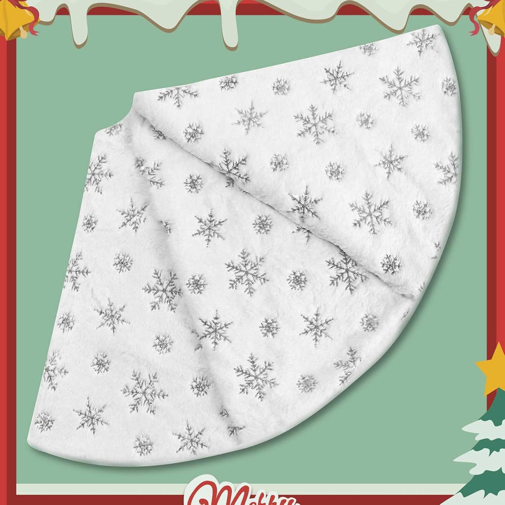 Christmas Tree Skirt, 48 Inch White Luxury Faux Fur & Silver Sequin Snowflakes, 4ft Xmas Tree Skirt for Holiday Tree Ornaments Christmas Party Home Decorations