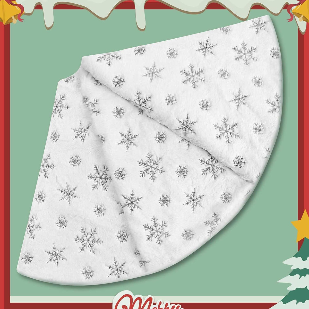 Christmas Tree Skirt, 48 Inch White Luxury Faux Fur & Silver Sequin Snowflakes, 4ft Xmas Tree Skirt for Holiday Tree Ornaments Christmas Party Home Decorations