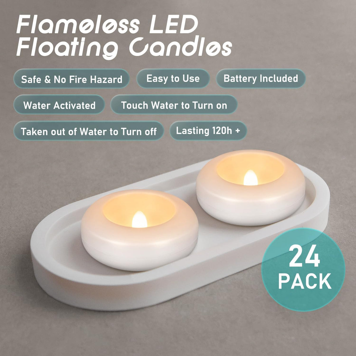 24 Pack 3”Floating Candles Water-Activated Flameless LED Candle, 120 Hour White Battery Operate Waterproof Tealights for Cylinder Vases, Centerpieces at Wedding, Party, Pool,Romantic.