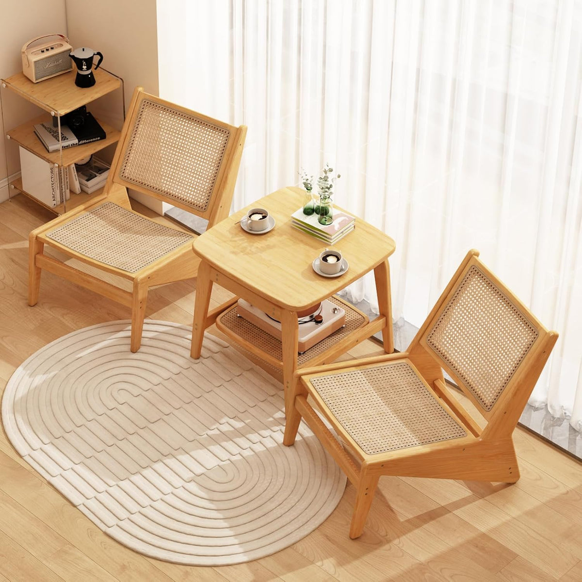 Rattan Accent Chair for Living Room, Mid Century Side Chair, Comfy Bamboo Chairs for Bedroom Reading Room, Wood