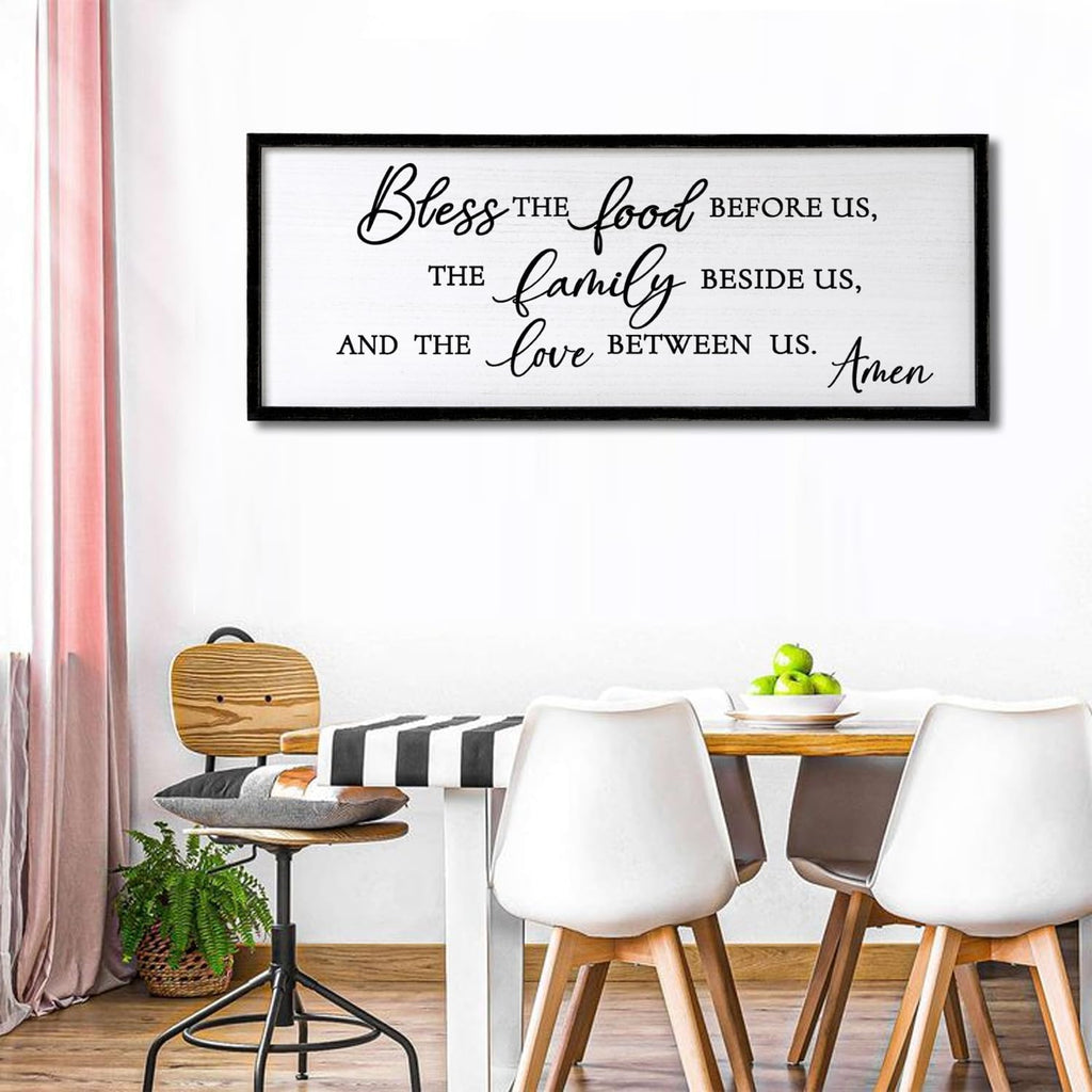 Bless the Food Before Us, the Family Beside Us, and the Love between us Framed Wall Art for Christian God Jesus Christ Prayer, 32''×12'' Positive Holy Religious Rustic Bible Verse for Dining Room