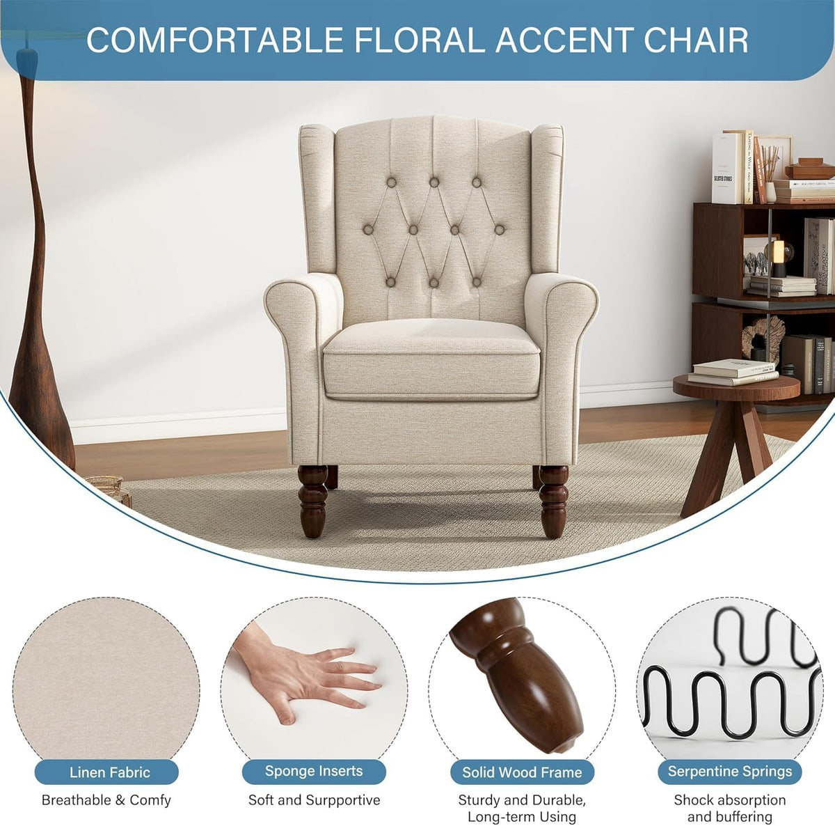 UIXE High Back Accent Chairs Set of 2, Upholstered Armchair in Fabric for Living Room, Retro Wingback Arm Chair Comfy Single Sofa Bedroom Reading Seat with Solid Wood Legs - Beige