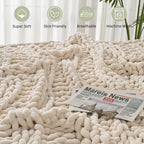 Esterra Chunky Knit Blanket Throw, 100% Handmade Chenille Throw Blanket 50"x60", Soft Thick Yarn Cable Knit Crochet Throw Blanket Rope Knot Throw for Couch Bed Sofa, Apricot White