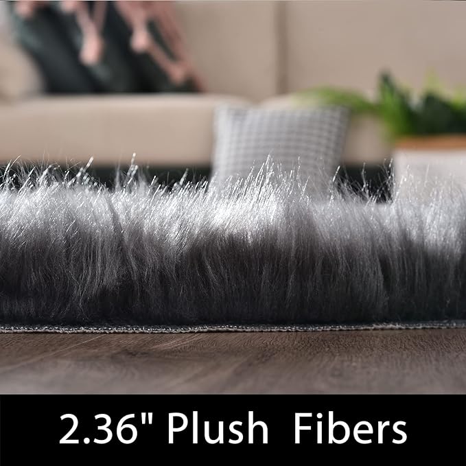 Latepis Dark Grey Faux Fur 7'10"x9'10" Area Rug, Soft Plush Faux Fur Sheepskin - Image 2